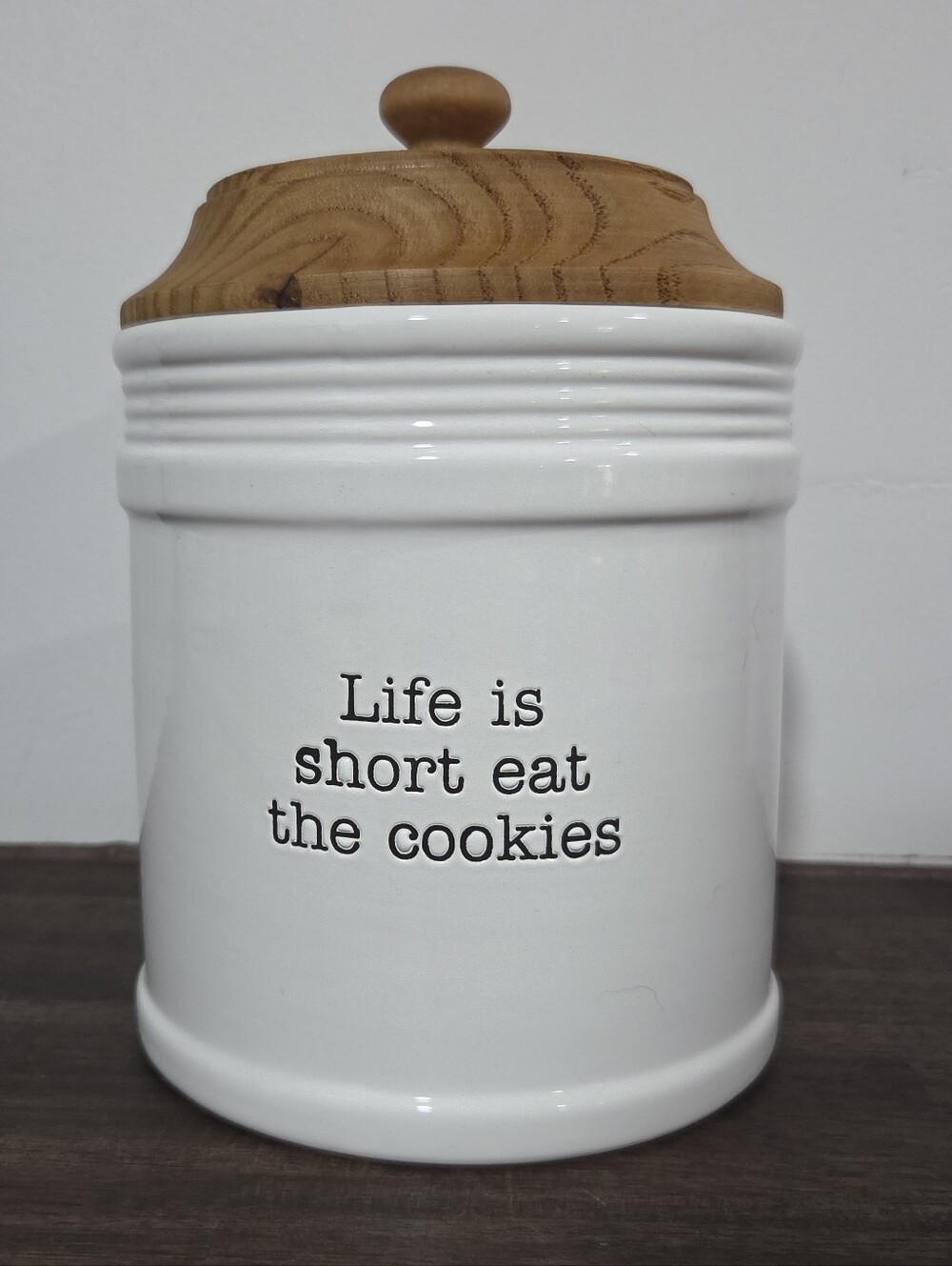 Mud Pie Cookie Jar with Wooden Lid And Tongs - "Life is short eat the cookies"